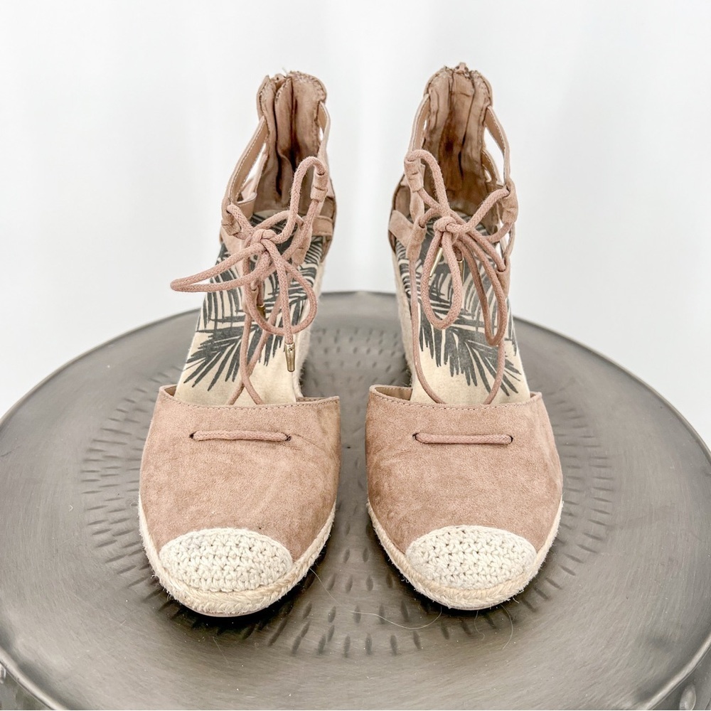 DV strappy ankle wrap espadrille wedge heels